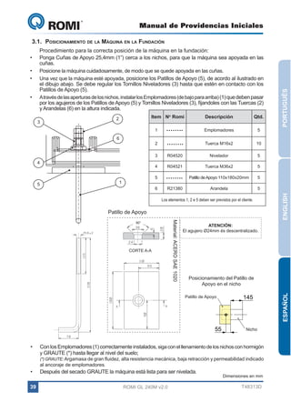 Manual de Providencias Iniciales

GL 240

•	

Qtd.

Emplomadores

5

2

6

Descripción

1

3

Item No Romi

2

Tuerca M16x2

10

3

5

R04520

Nivelador

5

4

4

R04521

Tuerca M36x2

5

Patillo de Apoyo 110x180x20mm

5

Arandela

5

5

1

6

R21380

Los elementos 1, 2 e 5 deben ser previstos por el cliente.

Patillo de Apoyo

CORTE A-A

Material: ACERO SAE 1020

90°

ATENCIÓN:
El agujero Ø24mm és descentralizado.

Posicionamiento del Patillo de
Apoyo en el nicho
Patillo de Apoyo

55
•	
	
•	
39

145

Nicho

Con los Emplomadores (1) correctamente instalados, siga con el llenamiento de los nichos con hormigón
y GRAUTE (*) hasta llegar al nivel del suelo;

(*) GRAUTE: Argamasa de gran fluidez, alta resistencia mecánica, baja retracción y permeabilidad indicado
al ancoraje de emplomadores.

Después del secado GRAUTE la máquina está lista para ser nivelada.
ROMI GL 240M v2.0

ENGLISH

•	
•	

Procedimiento para la correcta posición de la máquina en la fundación:
Ponga Cuñas de Apoyo 25,4mm (1”) cerca a los nichos, para que la máquina sea apoyada en las
cuñas.
Posicione la máquina cuidadosamente, de modo que se quede apoyada en las cuñas.
Una vez que la máquina esté apoyada, posicione los Patillos de Apoyo (5), de acordo al ilustrado en
el dibujo abajo. Se debe regular los Tornillos Niveladores (3) hasta que estén en contacto con los
Patillos de Apoyo (5).
A través de las aperturas de los nichos, instalar los Emplomadores (de bajo para arriba) (1) que deben pasar
por los agujeros de los Patillos de Apoyo (5) y Tornillos Niveladores (3), fijandoles con las Tuercas (2)
y Arandelas (6) en la altura indicada.

Dimensiones en mm

T48313D

ESPAÑOL

	
•	

PORTUGUÊS

3.1.	 Posicionamiento de la Máquina en la Fundación

 