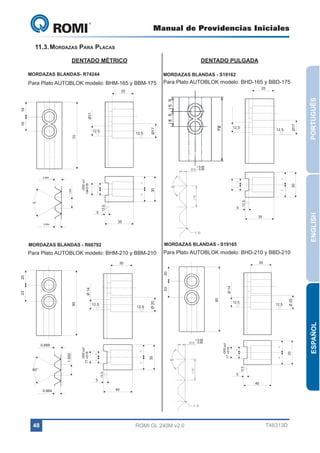Manual de Providencias Iniciales

GL 240

11.3.	Mordazas Para Placas
DENTADO MÉTRICO

DENTADO PULGADA

MORDAZAS BLANDAS- R74244

MORDAZAS BLANDAS - S19162

Para Plato AUTOBLOK modelo: BHM-165 y BBM-175

Para Plato AUTOBLOK modelo: BHD-165 y BBD-175

Ø11
5

12.5

12.5

5

Ø17

35

0.864

35

0.864

35

MORDAZAS BLANDAS - S19165

MORDAZAS BLANDAS - R66792

Para Plato AUTOBLOK modelo: BHD-210 y BBD-210

Para Plato AUTOBLOK modelo: BHM-210 y BBM-210

30

30

30

5

48

0.864

40

0.864

ROMI GL 240M v2.0

0.864

5
40

40

T48313D

Ø 20
35

12.5

ESPAÑOL

Ø 20
35

-000 H7
17 +018

60°
5

40

12.5

12.5

90
-000 H7
17 +018

1.500

+ 0.05
- 0.00

12.5

12.5

90

35

35
5

0.895

1.500

0.895

60°

Ø 14

Ø 14

23
Ø 20

23

Ø 20

12.5

12.5

12.5

60°

0.864

12.5

-000 H7
17 +018

12.5

-000 H7
17 +018

1.500

0.895

1.500

0.895

12.5

12.5

90

90

23

Ø 14

Ø 14

20

20

20

30

20

30

30

30

1.500

-000 H7

-000 H7

+018
14

+018
14

60°

ENGLISH

0.864

23

-000 H7

+ 0.05
- 0.00

60°

5

12.5

12.5

60°

1.500

0.895

1.500

0.895

12.5

+018
14

12.5

70

Ø17

12.5

Ø17

16

Ø11

12.5

70

70

12.5

0.895

60°

PORTUGUÊS

16

16
16

Ø11

16
16

25

25

25

 