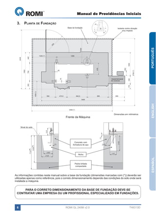 Manual de Providências Iniciais

GL 240

3.	 Planta de Fundação

40

Base da fundação
30

1000

PORTUGUÊS

93
5

65

Isolante contra vibração
e/ou impacto

1269

1000 (*)

2750 (*)

170

305

TRANSPORTADOR
DE CAVACOS

330

15

200

478

45

750

1500

1000

2435

445

1045 (*)

592

473,5

840,5

895

695

3300 (*)

Frente da Máquina

Dimensões em milímetros

ENGLISH

3495

Concreto com
Armadura de aço

(*)
*

(*)
*

Nível do solo

ESPAÑOL

Nicho

Pedra britada
compactada

As informações contidas neste manual sobre a base da fundação (dimensões marcadas com (*)) deverão ser
utilizadas apenas como referência, pois o correto dimensionamento depende das condições do solo onde será
instalada a máquina.

PARA O CORRETO DIMENSIONAMENTO DA BASE DE FUNDAÇÃO DEVE-SE
CONTRATAR UMA EMPRESA OU UM PROFISSIONAL ESPECIALIZADO EM FUNDAÇÕES.

6

ROMI GL 240M v2.0

T48313D

 