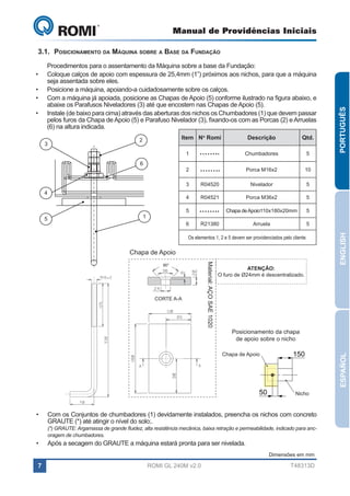 Manual de Providências Iniciais

GL 240

•	

Item No Romi

6

Qtd.

Chumbadores

5

2

2

Descrição

1

3

Porca M16x2

10

3

5

Nivelador

5

4

4

R04520
R04521

Porca M36x2

5

Chapa de Apoio110x180x20mm

5

Arruela

5

5

1

6

R21380

Os elementos 1, 2 e 5 devem ser providenciados pelo cliente.

Chapa de Apoio

CORTE A-A

Material: AÇO SAE 1020

90°

ATENÇÃO:
O furo de Ø24mm é descentralizado.

Posicionamento da chapa
de apoio sobre o nicho
Chapa de Apoio

50
•	
	
•	

150

Nicho

Com os Conjuntos de chumbadores (1) devidamente instalados, preencha os nichos com concreto
GRAUTE (*) até atingir o nível do solo;.

(*) GRAUTE: Argamassa de grande fluidez, alta resistência mecânica, baixa retração e permeabilidade, indicado para ancoragem de chumbadores.

Após a secagem do GRAUTE a máquina estará pronta para ser nivelada.
Dimensões em mm

7

ROMI GL 240M v2.0

ENGLISH

•	
•	

Procedimentos para o assentamento da Máquina sobre a base da Fundação:
Coloque calços de apoio com espessura de 25,4mm (1”) próximos aos nichos, para que a máquina
seja assentada sobre eles.
Posicione a máquina, apoiando-a cuidadosamente sobre os calços.
Com a máquina já apoiada, posicione as Chapas de Apoio (5) conforme ilustrado na figura abaixo, e
abaixe os Parafusos Niveladores (3) até que encostem nas Chapas de Apoio (5).
Instale (de baixo para cima) através das aberturas dos nichos os Chumbadores (1) que devem passar
pelos furos da Chapa de Apoio (5) e Parafuso Nivelador (3), fixando-os com as Porcas (2) e Arruelas
(6) na altura indicada.

T48313D

ESPAÑOL

	
•	

PORTUGUÊS

3.1.	 Posicionamento da Máquina sobre a Base da Fundação

 