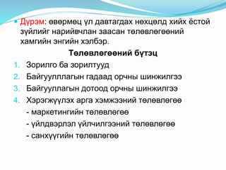  Дүрэм: өвөрмөц үл давтагдах нөхцөлд хийх ёстой
зүйлийг нарийвчлан заасан төлөвлөгөөний
хамгийн энгийн хэлбэр.
Төлөвлөгөөний бүтэц
1. Зорилго ба зорилтууд
2. Байгуулллагын гадаад орчны шинжилгээ
3. Байгууллагын дотоод орчны шинжилгээ
4. Хэрэгжүүлэх арга хэмжээний төлөвлөгөө
- маркетингийн төлөвлөгөө
- үйлдвэрлэл үйлчилгээний төлөвлөгөө
- санхүүгийн төлөвлөгөө
 