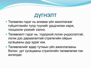 дүгнэлт
 Төлөвлөх гэдэг нь аливаа үйл ажиллагааг
гүйцэтгэхийн тулд түүнийг урьдчилан харж,
тооцоолж үзэхийг хэлнэ.
 Төлөвлөлт гэдэг нь: тодорхой логик үндэслэлтэй,
логик дэс дараалалтай стратегийн ойрын
хугацааны дүр зураг юм.
 Төлөвлөлийг өдөр тутмын үйл ажиллагааны
болон урт хугацааны стратегийн төлөвлөгөө гэж
ангилдаг.
 