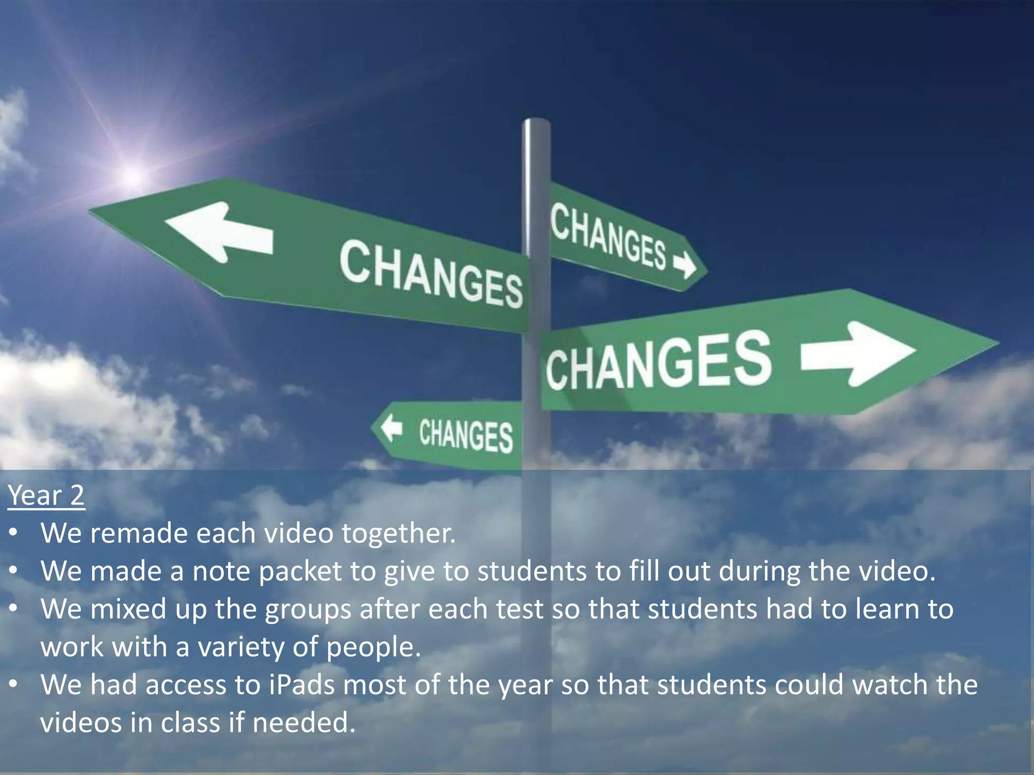 Year 2
• We remade each video together.
• We made a note packet to give to students to fill out during the video.
• We mixed up the groups after each test so that students had to learn to
work with a variety of people.
• We had access to iPads most of the year so that students could watch the
videos in class if needed.
 
