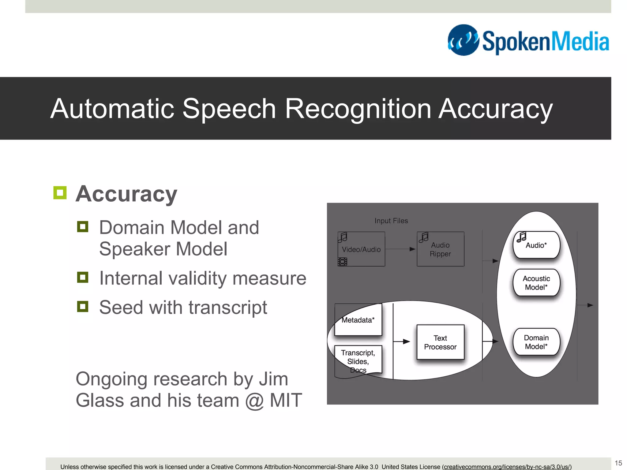 Automatic Speech Recognition Accuracy Accuracy Domain Model and Speaker Model Internal validity measure  Seed with transcript Ongoing research by Jim Glass and his team @ MIT 