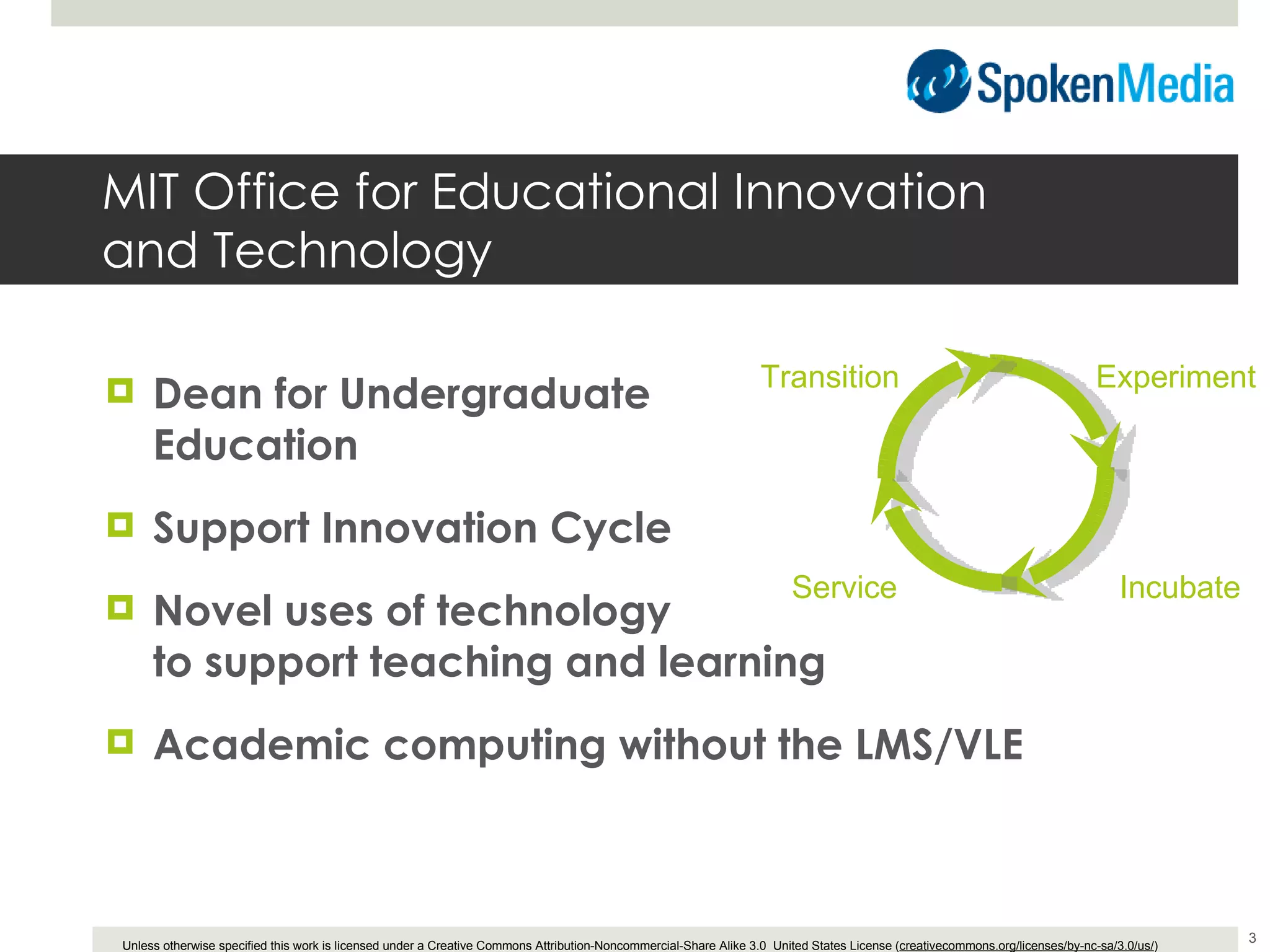 MIT Office for Educational Innovation  and Technology Dean for Undergraduate  Education Support Innovation Cycle Novel uses of technology  to support teaching and learning Academic computing without the LMS/VLE Experiment Incubate Transition Service 