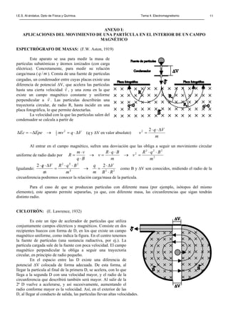 I.E.S. Al-ándalus. Dpto de Física y Química. Tema 4. Electromagnetismo 11
ANEXO I:
APLICACIONES DEL MOVIMIENTO DE UNA PARTÍCULA EN EL INTERIOR DE UN CAMPO
MAGNÉTICO
ESPECTRÓGRAFO DE MASAS: (F.W. Aston, 1919)
Este aparato se usa para medir la masa de
partículas subatómicas y átomos ionizados (con carga
eléctrica). Concretamente, para medir su relación
carga/masa ( mq / ). Consta de una fuente de partículas
cargadas, un condensador entre cuyas placas existe una
diferencia de potencial ∆V, que acelera las partículas
hasta una cierta velocidad v
r
, y una zona en la que
existe un campo magnético constante y uniforme
perpendicular a v
r
. Las partículas describirán una
trayectoria circular, de radio R, hasta incidir en una
placa fotográfica, lo que permite detectarlas.
La velocidad con la que las partículas salen del
condensador se calcula a partir de
VqmvEpeEc ∆⋅=→∆−=∆ 2
2
1
(q y ∆V en valor absoluto)
m
Vq
v
∆⋅⋅
=
22
Al entrar en el campo magnético, sufren una desviación que las obliga a seguir un movimiento circular
uniforme de radio dado por 2
222
2
m
BqR
v
m
BqR
v
Bq
vm
R
⋅⋅
=→
⋅⋅
=→
⋅
⋅
=
Igualando: 222
222
22
RB
V
m
q
m
BqR
m
Vq
⋅
∆⋅
=→
⋅⋅
=
/
∆⋅/⋅
/
/
como B y ∆V son conocidos, midiendo el radio de la
circunferencia podremos conocer la relación carga/masa de la partícula.
Para el caso de que se produzcan partículas con diferente masa (por ejemplo, isótopos del mismo
elemento), este aparato permite separarlas, ya que, con diferente masa, las circunferencias que sigan tendrán
distinto radio.
CICLOTRÓN: (E. Lawrence, 1932)
Es este un tipo de acelerador de partículas que utiliza
conjuntamente campos eléctricos y magnéticos. Consiste en dos
recipientes huecos con forma de D, en los que existe un campo
magnético uniforme, como indica la figura. En el centro tenemos
la fuente de partículas (una sustancia radiactiva, por ej.). La
partícula cargada sale de la fuente con poca velocidad. El campo
magnético perpendicular la obliga a seguir una trayectoria
circular, en principio de radio pequeño.
En el espacio entre las D existe una diferencia de
potencial ∆V colocada de forma adecuada. De esta forma, al
llegar la partícula al final de la primera D, se acelera, con lo que
llega a la segunda D con una velocidad mayor, y el radio de la
circunferencia que describirá también será mayor. Al salir de la
2ª D vuelve a acelerarse, y así sucesivamente, aumentando el
radio conforme mayor es la velocidad. Así, en el exterior de las
D, al llegar al conducto de salida, las partículas llevan altas velocidades.
 