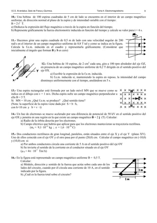 I.E.S. Al-ándalus. Dpto de Física y Química. Tema 4. Electromagnetismo 9
10.- Una bobina de 100 espiras cuadradas de 5 cm de lado se encuentra en el interior de un campo magnético
uniforme, de dirección normal al plano de la espira y de intensidad variable con el tiempo:
B = 2 t2
T.
a) Deduzca la expresión del flujo magnético a través de la espira en función del tiempo.
b) Represente gráficamente la fuerza electromotriz inducida en función del tiempo y calcule su valor para t = 4 s.
11.- Hacemos girar una espira cuadrada de 0,5 m de lado con una velocidad angular de 200
rad/s en el interior de un campo magnético uniforme de 0,8 T tal y como se indica en la figura.
Calcula la f.e.m. inducida en el cuadro y representarla gráficamente. (Considerar que
inicialmente el ángulo que forman B y S es cero)
12.- Una bobina de 10 espiras, de 2 cm2
cada una, gira a 100 rpm alrededor del eje OZ,
en presencia de un campo magnético uniforme de 0,2 T dirigido en el sentido positivo del
eje OX.
a) Escribir la expresión de la f.e.m. inducida.
b) f.e.m. inducida si, manteniendo la espira en reposo, la intensidad del campo
disminuye uniformemente con el tiempo, anulándose en 5 s.
13.- Una espira rectangular está formada por un lado móvil MN que se mueve como se
indica en el dibujo con v = 1 m/s. Dicha espira sufre un campo magnético perpendicular a
ella B = 5 T.
Si MN = 10 cm. ¿Qué f.e.m. se produce? ¿Qué sentido tiene?
(Nota: la superficie de la espira viene dada por S = b · h,
con h=10 cm y b = v · t)
14.- Un haz de electrones se mueve acelerado por una diferencia de potencial de 50 kV en el sentido positivo del
eje OX y penetra en una región en la que existe un campo magnético B = 2 j (T). Calcular:
a) Radio de la órbita descrita por los electrones.
b) Campo eléctrico que habría que aplicar para que los electrones mantuvieran su trayectoria rectilínea.
(me = 9,1· 10-31
kg ; e = 1,6 · 10-19
C)
15.- Dos conductores rectilíneos de gran longitud, paralelos, están situados entre el eje X y el eje Y (plano XY).
Uno de ellos coincide con el eje OY y el otro pasa por el punto (20,0) cm. Calcular el campo magnético en (-10,0)
y (10,0) cm si:
a) Por ambos conductores circula una corriente de 5 A en el sentido positivo del eje OY
b) Se invierte el sentido de la corriente en el conductor situado en el eje OY
(µ 0 = 4π · 10-7
Tm/A)
16.- En la figura está representado un campo magnético uniforme B = 0,5 T.
Calcular:
a) Módulo, dirección y sentido de la fuerza que actúa sobre cada uno de los
lados del circuito, cuando por él circula una corriente de 10 A, en el sentido
indicado por la figura.
b) ¿Cuál es la fuerza total sobre el circuito?
 