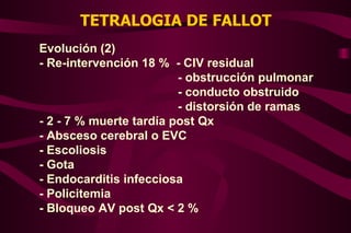 TETRALOGIA DE FALLOT Evolución (2) - Re-intervención 18 %  - CIV residual - obstrucción pulmonar - conducto obstruido - distorsión de ramas - 2 - 7 % muerte tardía post Qx - Absceso cerebral o EVC - Escoliosis - Gota - Endocarditis infecciosa - Policitemia - Bloqueo AV post Qx < 2 % 