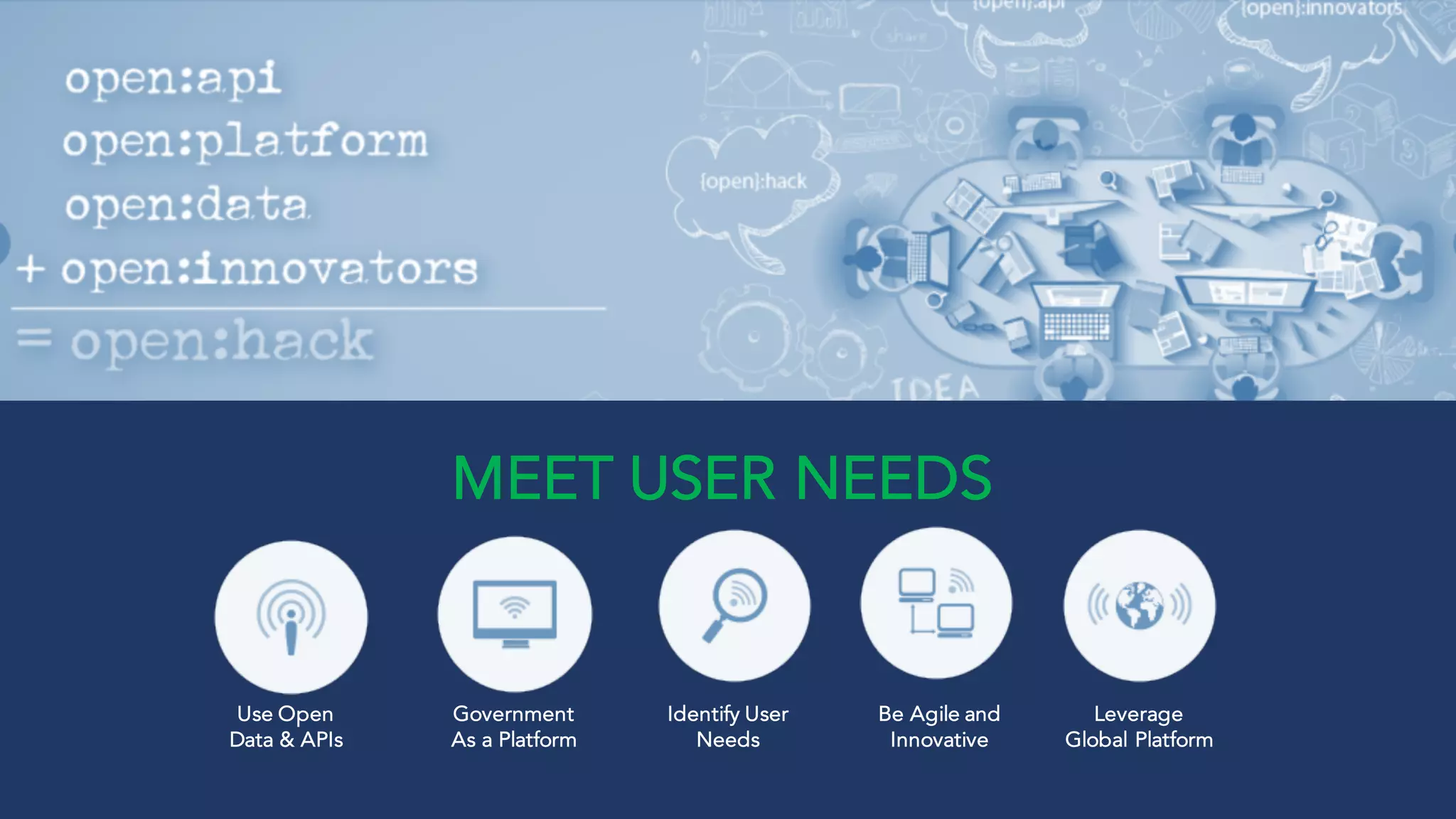 Identify User
Needs
Be Agile and
Innovative
Leverage
Global Platform
Government
As a Platform
MEET USER NEEDS
Use Open
Data & APIs
 