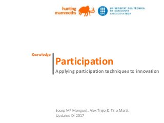 huntingmammoths
Participation
Applying participation techniques to innovation
|
Josep Mª Monguet, Alex Trejo & Tino Martí.
Updated IX-2017
Knowledge
 