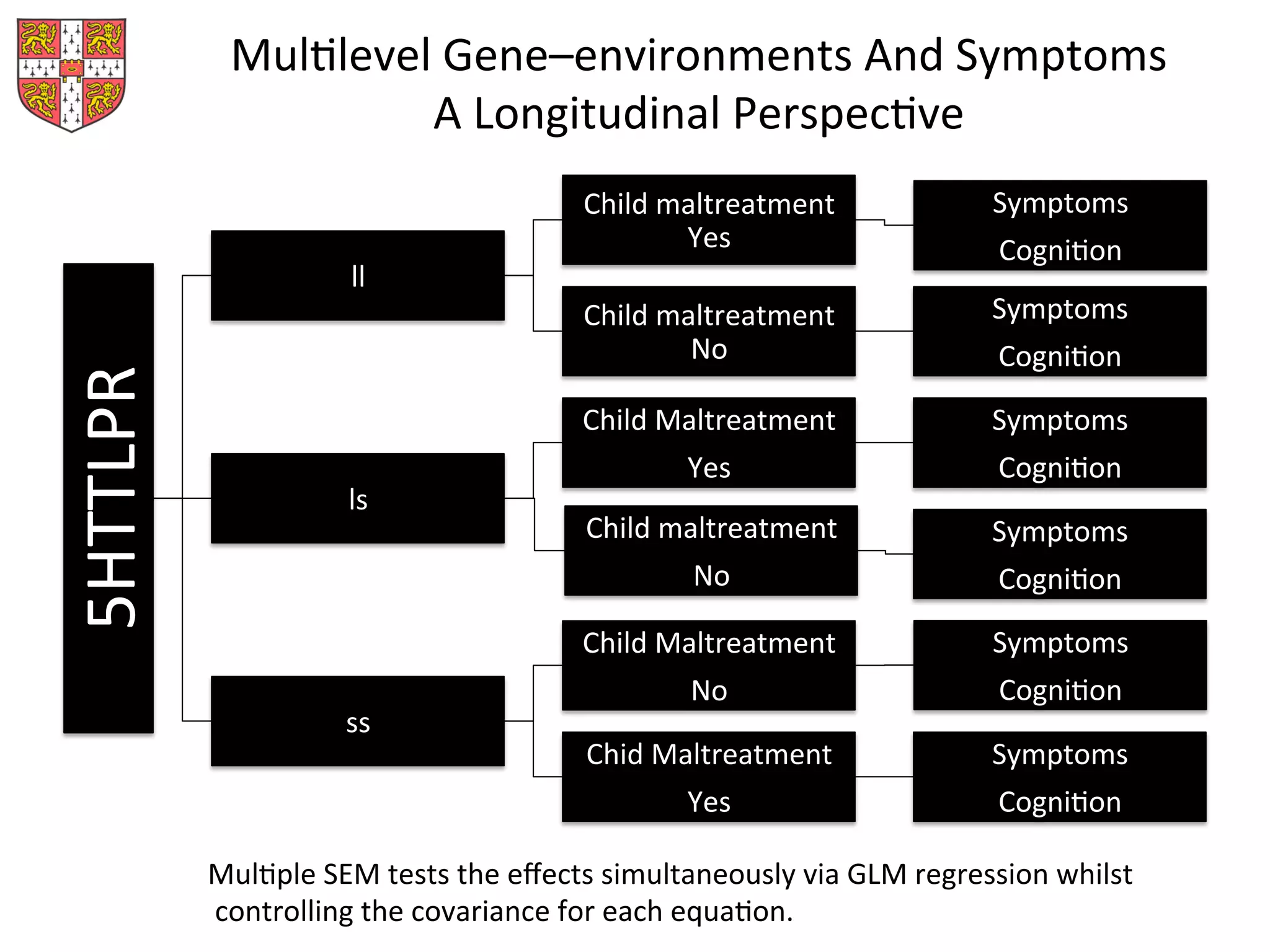 MulMlevel	
  Gene–environments	
  And	
  Symptoms	
  
A	
  Longitudinal	
  PerspecMve	
  	
  5HTTLPR	
  
ll	
  
Child	
  maltreatment	
  
Yes	
  	
  
Symptoms	
  
CogniMon	
  
Child	
  maltreatment	
  
No	
  
Symptoms	
  
CogniMon	
  	
  
ls	
  
Child	
  Maltreatment	
  
Yes	
  
Symptoms	
  
CogniMon	
  
Child	
  maltreatment	
  
No	
  
Symptoms	
  
CogniMon	
  
ss	
  
Child	
  Maltreatment	
  
No	
  
Symptoms	
  
CogniMon	
  
Chid	
  Maltreatment	
  
Yes	
  
Symptoms	
  
CogniMon	
  
MulMple	
  SEM	
  tests	
  the	
  eﬀects	
  simultaneously	
  via	
  GLM	
  regression	
  whilst	
  
	
  controlling	
  the	
  covariance	
  for	
  each	
  equaMon.	
  	
  
 