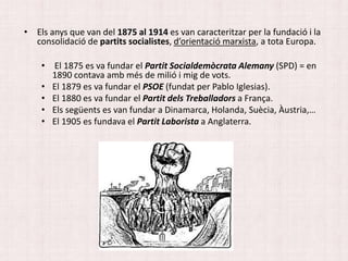 • Els anys que van del 1875 al 1914 es van caracteritzar per la fundació i la
consolidació de partits socialistes, d’orientació marxista, a tota Europa.
• El 1875 es va fundar el Partit Socialdemòcrata Alemany (SPD) = en
1890 contava amb més de milió i mig de vots.
• El 1879 es va fundar el PSOE (fundat per Pablo Iglesias).
• El 1880 es va fundar el Partit dels Treballadors a França.
• Els següents es van fundar a Dinamarca, Holanda, Suècia, Àustria,…
• El 1905 es fundava el Partit Laborista a Anglaterra.
 