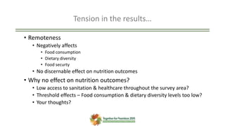 Tension in the results…
• Remoteness
• Negatively affects
• Food consumption
• Dietary diversity
• Food securty
• No discernable effect on nutrition outcomes
• Why no effect on nutrition outcomes?
• Low access to sanitation & healthcare throughout the survey area?
• Threshold effects – Food consumption & dietary diversity levels too low?
• Your thoughts?
 