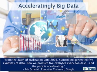 “From the dawn of civilization until 2003, humankind generated five
exabytes of data. Now we produce five exabytes every two days…and
the pace is accelerating.”
- Eric Schmidt, Executive Chairman, Google
 