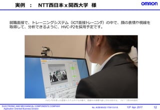 12No. AOB-MU02-170413-01A
ELECTRONIC AND MECHANICAL COMPONENTS COMPANY
Application Oriented Business Division
13th. Apr. 2017
実例 ： NTT西日本ｘ関西大学 様
就職面接で、トレーニングシステム（ICT面接トレーニング）の中で、顔の表情や視線を
取得して、分析できるように、HVC-P2を採用予定です。
 