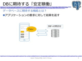 DBに期待する「安定稼働」
アプリケーションの要求に対して結果を返す
Japan PostgreSQL User's Group 4
データベースに期待する機能とは？
Click！
DBへの問合せ
 