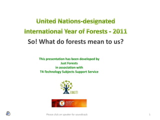 United Nations-designated  International Year of Forests - 2011  So! What do forests mean to us? This presentation has been developed by Just Forests  in association with T4-Technology Subjects Support Service  Please click on speaker for soundtrack 1 