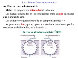 1.A.- Fuerza Contraelectromotriz
A-. Fuerza contraelectromotriz
Motor: se proporciona intensidad al inducido.
Las fuerzas originadas en los conductores crean un par que hacen
que el inducido gire.
Los conductores giran dentro de un campo magnético =>
se genera una fem, que se opone a la corriente que circula por los
conductores del inducido, es la llamada…
…fuerza contraelectromotriz: fcem
 