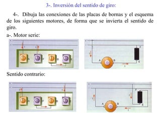 3-. Inversión del sentido de giro:
4-. Dibuja las conexiones de las placas de bornas y el esquema
de los siguientes motores, de forma que se invierta el sentido de
giro.
a-. Motor serie:
Sentido contrario:
 