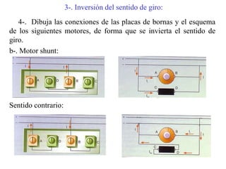 3-. Inversión del sentido de giro:
4-. Dibuja las conexiones de las placas de bornas y el esquema
de los siguientes motores, de forma que se invierta el sentido de
giro.
b-. Motor shunt:
Sentido contrario:
 