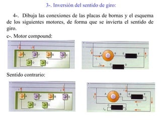 3-. Inversión del sentido de giro:
4-. Dibuja las conexiones de las placas de bornas y el esquema
de los siguientes motores, de forma que se invierta el sentido de
giro.
c-. Motor compound:
Sentido contrario:
 