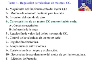 1-. Magnitudes del funcionamiento del motor CC:
2-. Motores de corriente continua para tracción.
3-. Inversión del sentido de giro.
4-. Característica de un motor CC con excitación serie.
A-. Curvas características
B-. Influencia de la carga.
5-. Regulación de velocidad de los motores de CC.
6-. Control de la velocidad de un motor serie.
7-. Regulación electrónica.
8-. Acoplamientos entre motores .
9-. Resistencias de arranque y aceleración.
10-. Secuencias de acoplamiento del motor de corriente continua.
11-. Métodos de Frenado.
Tema 4.- Regulación de velocidad de motores CC.
 