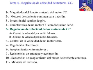 1-. Magnitudes del funcionamiento del motor CC:
2-. Motores de corriente continua para tracción.
3-. Inversión del sentido de giro.
4-. Característica de un motor CC con excitación serie.
5-. Regulación de velocidad de los motores de CC.
A-. Control de velocidad por medio del rotor.
B-. Control de velocidad por medio del campo.
6-. Control de la velocidad de un motor serie.
7-. Regulación electrónica.
8-. Acoplamientos entre motores .
9-. Resistencias de arranque y aceleración.
10-. Secuencias de acoplamiento del motor de corriente continua.
11-. Métodos de Frenado.
Tema 4.- Regulación de velocidad de motores CC.
 