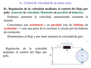 6-. Control de velocidad de un motor serie.
B-. Regulación de la velocidad mediante el control del flujo por
polo. Aumenta la velocidad. Shuntado en paralelo al inductor.
Podemos aumentar la velocidad, manteniendo constante la
tensión.
Conectamos una resistencia r en paralelo con las bobinas de
excitación => solo una parte de la corriente Ii circula por las bobinas
de excitación.
Disminuimos el flujo y por tanto aumenta la velocidad de giro.
Regulación de la velocidad
mediante el control del flujo por
polo.
 