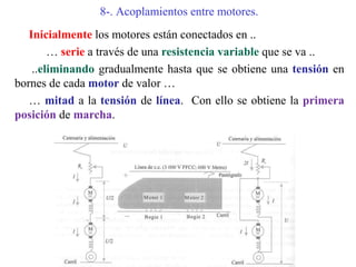 8-. Acoplamientos entre motores.
Inicialmente los motores están conectados en ..
… serie a través de una resistencia variable que se va ..
..eliminando gradualmente hasta que se obtiene una tensión en
bornes de cada motor de valor …
… mitad a la tensión de línea. Con ello se obtiene la primera
posición de marcha.
 