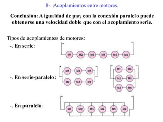 8-. Acoplamientos entre motores.
Conclusión: A igualdad de par, con la conexión paralelo puede
obtenerse una velocidad doble que con el acoplamiento serie.
Tipos de acoplamientos de motores:
-. En serie:
-. En serie-paralelo:
-. En paralelo:
 