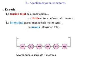 8-. Acoplamientos entre motores.
-. En serie:
La tensión total de alimentación…
…se divide entre el número de motores.
La intensidad que alimenta cada motor será …
….la misma intensidad total.
Acoplamiento serie de 6 motores.
 