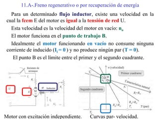 11.A-.Freno regenerativo o por recuperación de energía
Para un determinado flujo inductor, existe una velocidad en la
cual la fcem E del motor es igual a la tensión de red U.
Esta velocidad es la velocidad del motor en vacío: no
El motor funciona en el punto de trabajo B.
Idealmente el motor funcionando en vacío no consume ninguna
corriente de inducido (Ii = 0 ) y no produce ningún par (T = 0).
El punto B es el límite entre el primer y el segundo cuadrante.
Motor con excitación independiente. Curvas par- velocidad.
 