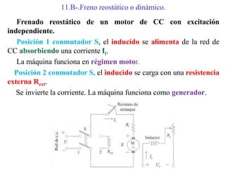 11.B-.Freno reostático o dinámico.
Frenado reostático de un motor de CC con excitación
independiente.
Posición 1 conmutador S, el inducido se alimenta de la red de
CC absorbiendo una corriente Ii.
La máquina funciona en régimen motor.
Posición 2 conmutador S, el inducido se carga con una resistencia
externa Rext.
Se invierte la corriente. La máquina funciona como generador.
 