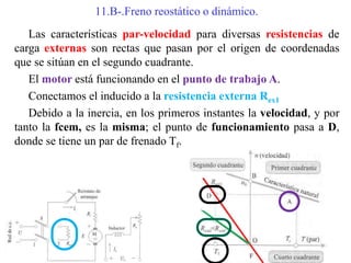 11.B-.Freno reostático o dinámico.
Las características par-velocidad para diversas resistencias de
carga externas son rectas que pasan por el origen de coordenadas
que se sitúan en el segundo cuadrante.
El motor está funcionando en el punto de trabajo A.
Conectamos el inducido a la resistencia externa Rex1
Debido a la inercia, en los primeros instantes la velocidad, y por
tanto la fcem, es la misma; el punto de funcionamiento pasa a D,
donde se tiene un par de frenado Tf.
 