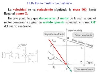 11.B-.Freno reostático o dinámico.
La velocidad se va reduciendo siguiendo la recta DO, hasta
llegar al punto O.
En este punto hay que desconectar el motor de la red, ya que el
motor comenzaría a girar en sentido opuesto siguiendo el tramo OF
del cuarto cuadrante.
 