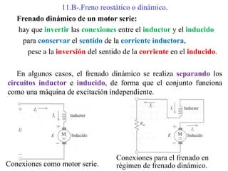 11.B-.Freno reostático o dinámico.
Frenado dinámico de un motor serie:
hay que invertir las conexiones entre el inductor y el inducido
para conservar el sentido de la corriente inductora,
pese a la inversión del sentido de la corriente en el inducido.
En algunos casos, el frenado dinámico se realiza separando los
circuitos inductor e inducido, de forma que el conjunto funciona
como una máquina de excitación independiente.
Conexiones como motor serie.
Conexiones para el frenado en
régimen de frenado dinámico.
 