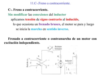 11.C-.Freno a contracorriente.
C-. Freno a contracorriente.
Sin modificar las conexiones del inductor
aplicamos tensión de signo contrario al inducido,
lo que ocasiona un frenado brusco, el motor se para y luego
se inicia la marcha en sentido inverso.
Frenado a contracorriente o contramarcha de un motor con
excitación independiente.
 