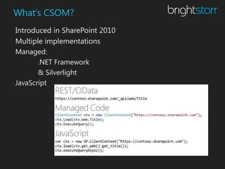 What’s CSOM?
Introduced in SharePoint 2010
Multiple implementations
Managed:
       .NET Framework
       & Silverlight
JavaScript
 