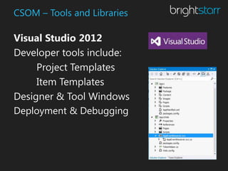 CSOM – Tools and Libraries

Visual Studio 2012
Developer tools include:
     Project Templates
     Item Templates
Designer & Tool Windows
Deployment & Debugging
 