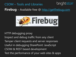 CSOM – Tools and Libraries
Firebug – Available free @ http://getfirebug.com




HTTP debugging proxy
Inspect and debug traffic from any client
Tamper client requests and server responses
Useful in debugging SharePoint: JavaScript
CSOM & REST based development
Test the performance of your web sites & apps
 