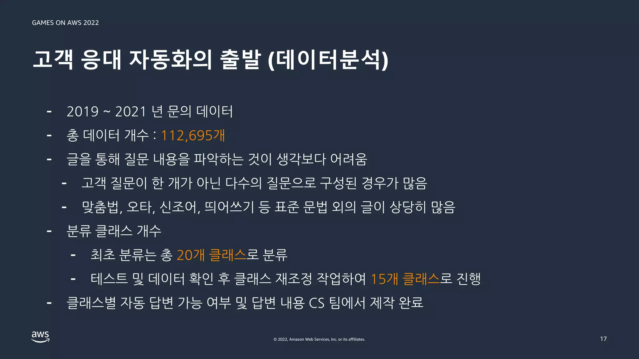 GAMES ON AWS 2022
© 2022, Amazon Web Services, Inc. or its affiliates.
고객 응대 자동화의 출발 (데이터분석)
17
- 2019 ~ 2021 년 문의 데이터
- 총 데이터 개수 : 112,695개
- 글을 통해 질문 내용을 파악하는 것이 생각보다 어려움
- 고객 질문이 한 개가 아닌 다수의 질문으로 구성된 경우가 많음
- 맞춤법, 오타, 신조어, 띄어쓰기 등 표준 문법 외의 글이 상당히 많음
- 분류 클래스 개수
- 최초 분류는 총 20개 클래스로 분류
- 테스트 및 데이터 확인 후 클래스 재조정 작업하여 15개 클래스로 진행
- 클래스별 자동 답변 가능 여부 및 답변 내용 CS 팀에서 제작 완료
 