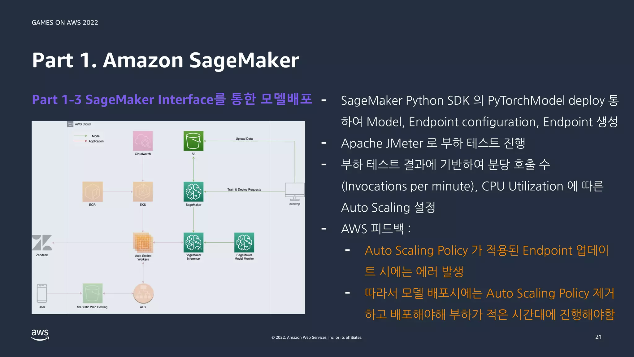 GAMES ON AWS 2022
© 2022, Amazon Web Services, Inc. or its affiliates.
Part 1. Amazon SageMaker
Part 1-3 SageMaker Interface를 통한 모델배포 - SageMaker Python SDK 의 PyTorchModel deploy 통
하여 Model, Endpoint configuration, Endpoint 생성
- Apache JMeter 로 부하 테스트 진행
- 부하 테스트 결과에 기반하여 분당 호출 수
(Invocations per minute), CPU Utilization 에 따른
Auto Scaling 설정
- AWS 피드백 :
- Auto Scaling Policy 가 적용된 Endpoint 업데이
트 시에는 에러 발생
- 따라서 모델 배포시에는 Auto Scaling Policy 제거
하고 배포해야해 부하가 적은 시간대에 진행해야함
21
 