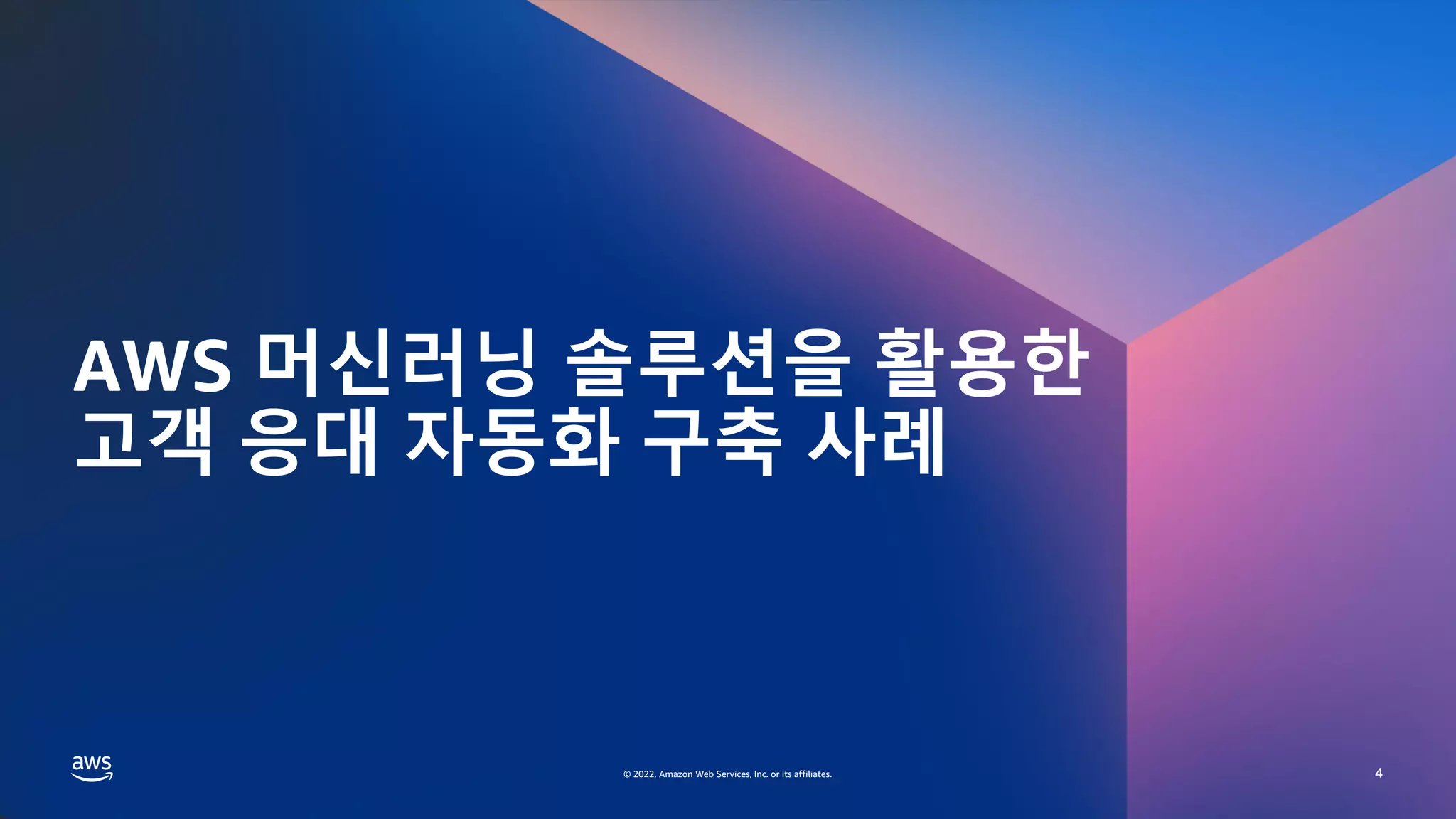 GAMES ON AWS 2022
© 2022, Amazon Web Services, Inc. or its affiliates.
© 2022, Amazon Web Services, Inc. or its affiliates.
AWS 머신러닝 솔루션을 활용한
고객 응대 자동화 구축 사례
4
 