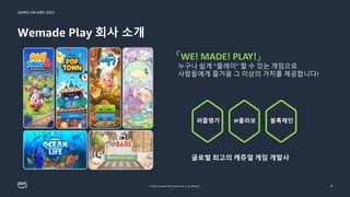 GAMES ON AWS 2022
© 2022, Amazon Web Services, Inc. or its affiliates.
Wemade Play 회사 소개
3
「WE! MADE! PLAY!」
누구나 쉽게 ”플레이” 할 수 있는 게임으로
사람들에게 즐거움 그 이상의 가치를 제공합니다!
IP콜라보
퍼즐명가 블록체인
글로벌 최고의 캐쥬얼 게임 개발사
 