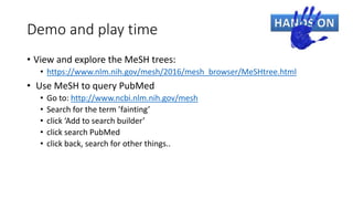 Demo and play time
• View and explore the MeSH trees:
• https://www.nlm.nih.gov/mesh/2016/mesh_browser/MeSHtree.html
• Use MeSH to query PubMed
• Go to: http://www.ncbi.nlm.nih.gov/mesh
• Search for the term ’fainting’
• click ‘Add to search builder’
• click search PubMed
• click back, search for other things..
 