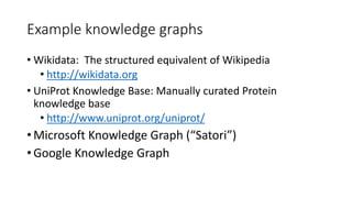 Example knowledge graphs
• Wikidata: The structured equivalent of Wikipedia
• http://wikidata.org
• UniProt Knowledge Base: Manually curated Protein
knowledge base
• http://www.uniprot.org/uniprot/
• Microsoft Knowledge Graph (“Satori”)
• Google Knowledge Graph
 