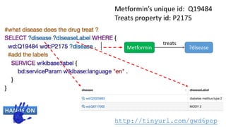 Metformin’s unique id: Q19484
Treats property id: P2175
Metformin ?disease
treats
http://tinyurl.com/gwd6pep
 