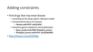 Adding constraints
• Find drugs that may treat disease
• according to the drug->gene->disease model
• constrained to focus on cancers
• ?disease wdt:P279* wd:Q12078 .
• limited to genes related to cell proliferation
• ?gene_product wdt:P682 ?biological_process
• ?biological_process wdt:P279* wd:Q14818032
• http://tinyurl.com/j222k6g
 
