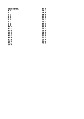 SOLUCIONES:
1. A
2. C
3. C
4. B
5. B
6. A
7. C
8. B
9. C
10. C
11. A
12. A
13. C
14. C
15. C
16. B
17. B
18. B
19. A
20. B
21. C
22. A
23. B
24. A
25. C
26. C
27. A
28. C
29. C
30. C
31. B
32. A
33. B
34. B
35. B
36. B
37. A
38. B
39. A
40. C
 