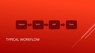 TYPICAL WORKFLOW
Capture Stich* Edit* Share